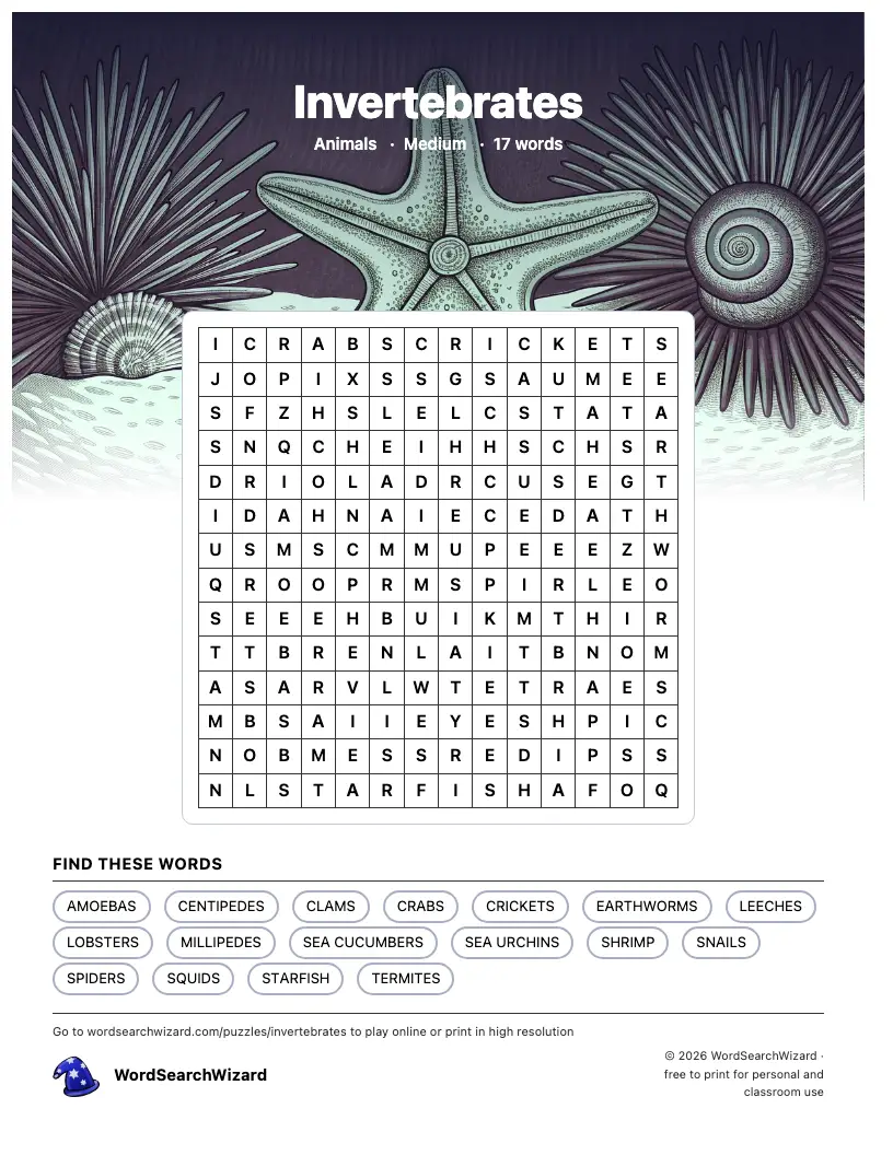 Invertebrates word search printable sheet, 17 words to find