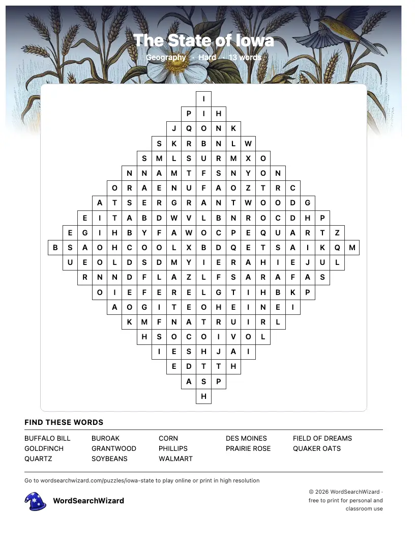 The State of Iowa word search printable sheet, 13 words to find