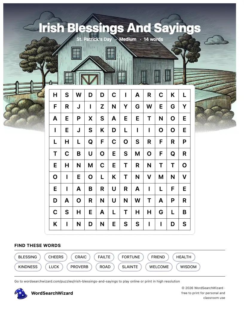 Irish Blessings And Sayings word search printable sheet, 14 words to find