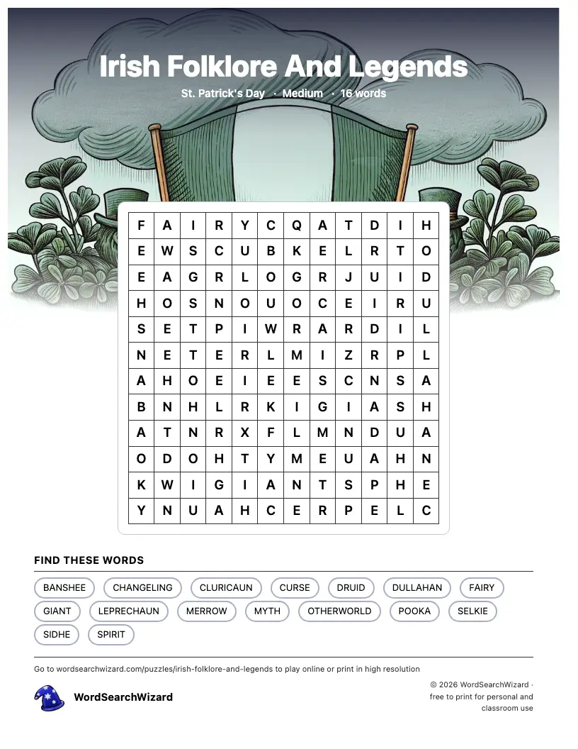 Irish Folklore And Legends word search printable sheet, 16 words to find