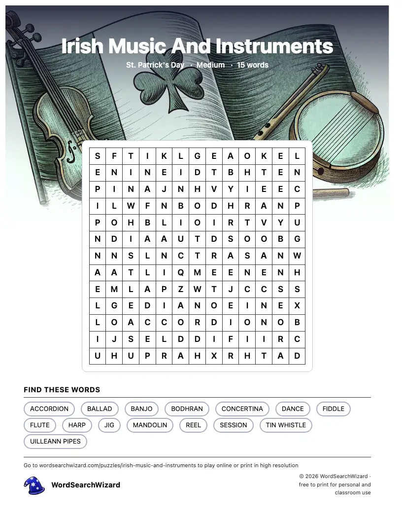 Irish Music And Instruments word search printable sheet, 15 words to find