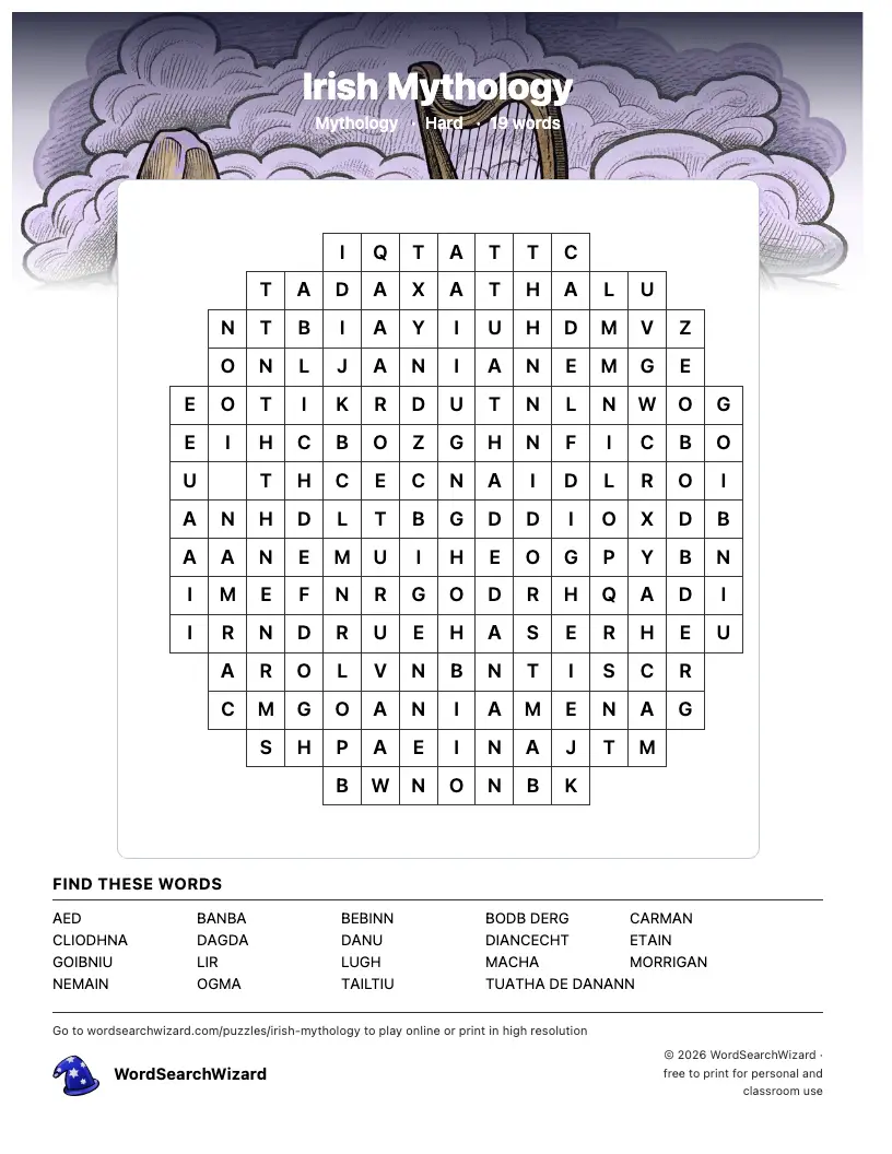 Irish Mythology word search printable sheet, 19 words to find