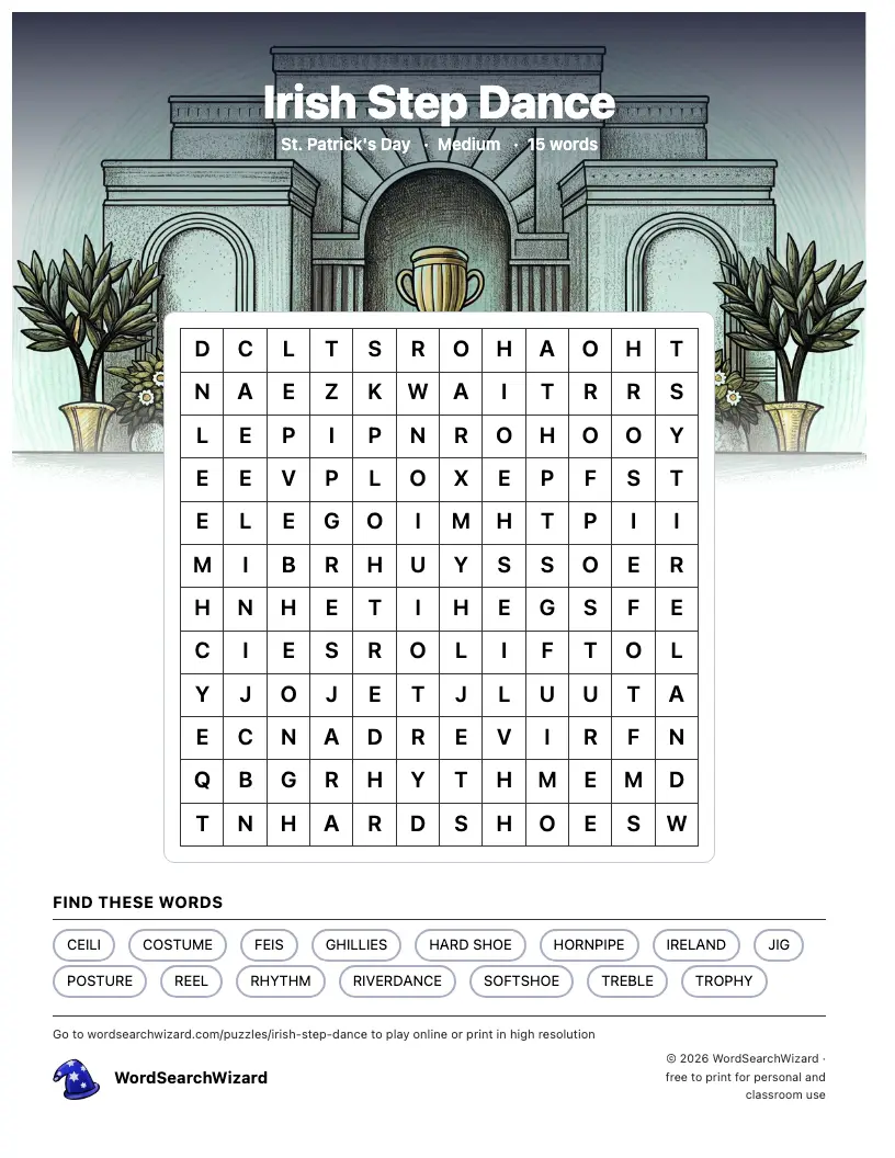 Irish Step Dance word search printable sheet, 15 words to find