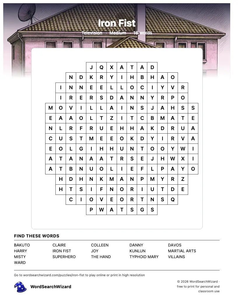 Iron Fist word search printable sheet, 16 words to find