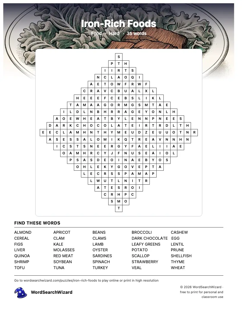 Iron-Rich Foods word search printable sheet, 35 words to find