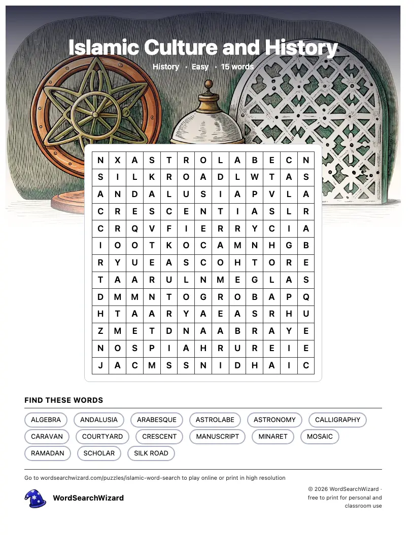 Islamic Culture and History word search printable sheet, 15 words to find