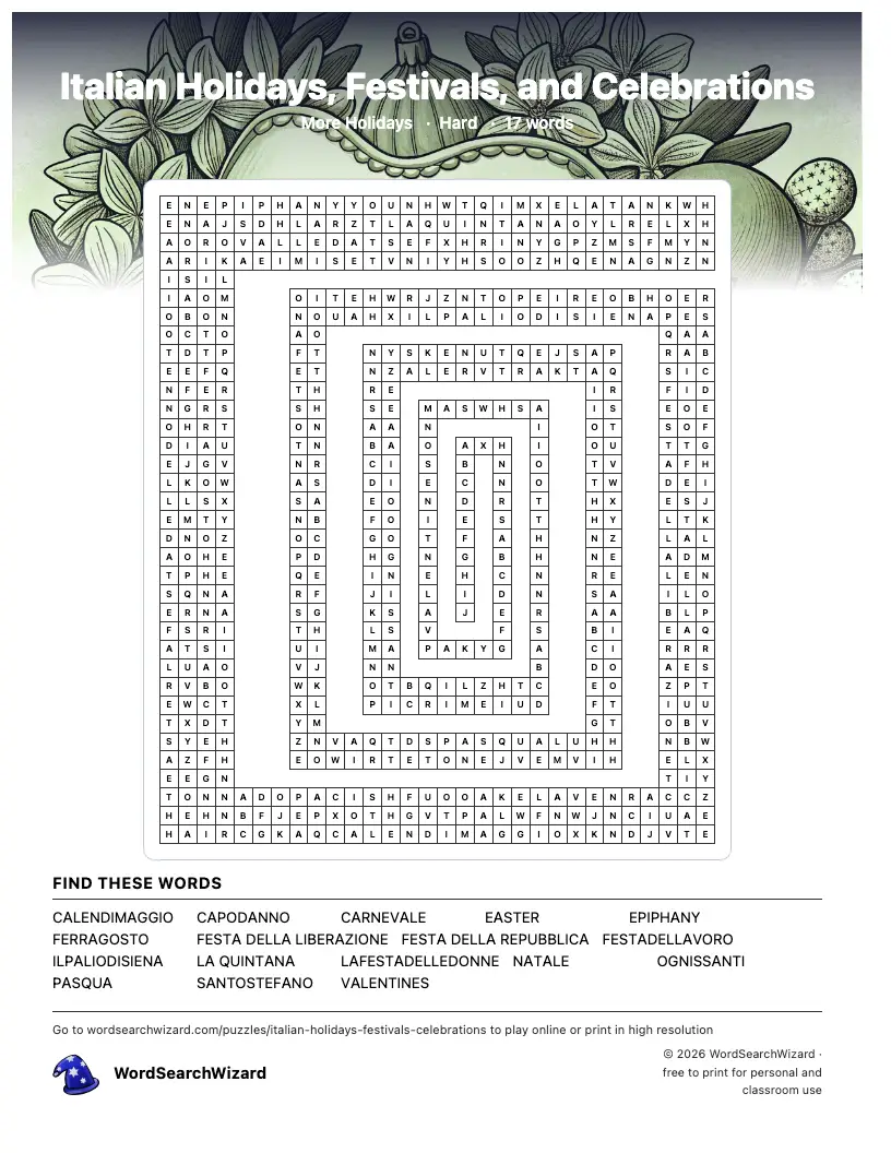 Italian Holidays, Festivals, and Celebrations word search printable sheet, 17 words to find