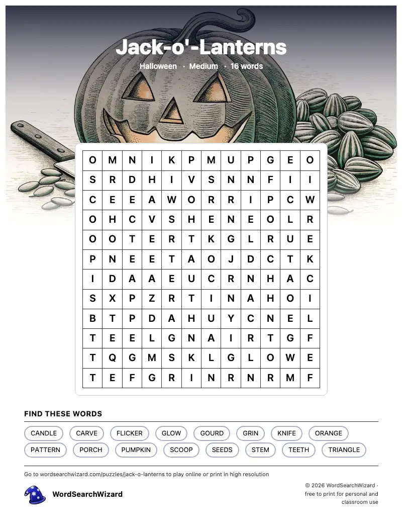 Jack-o'-Lanterns word search printable sheet, 16 words to find