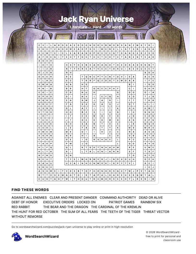 Jack Ryan Universe word search printable sheet, 17 words to find