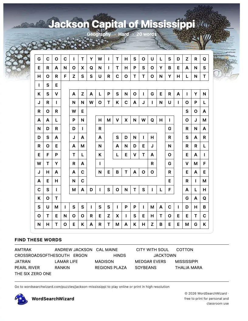 Jackson Capital of Mississippi word search printable sheet, 20 words to find