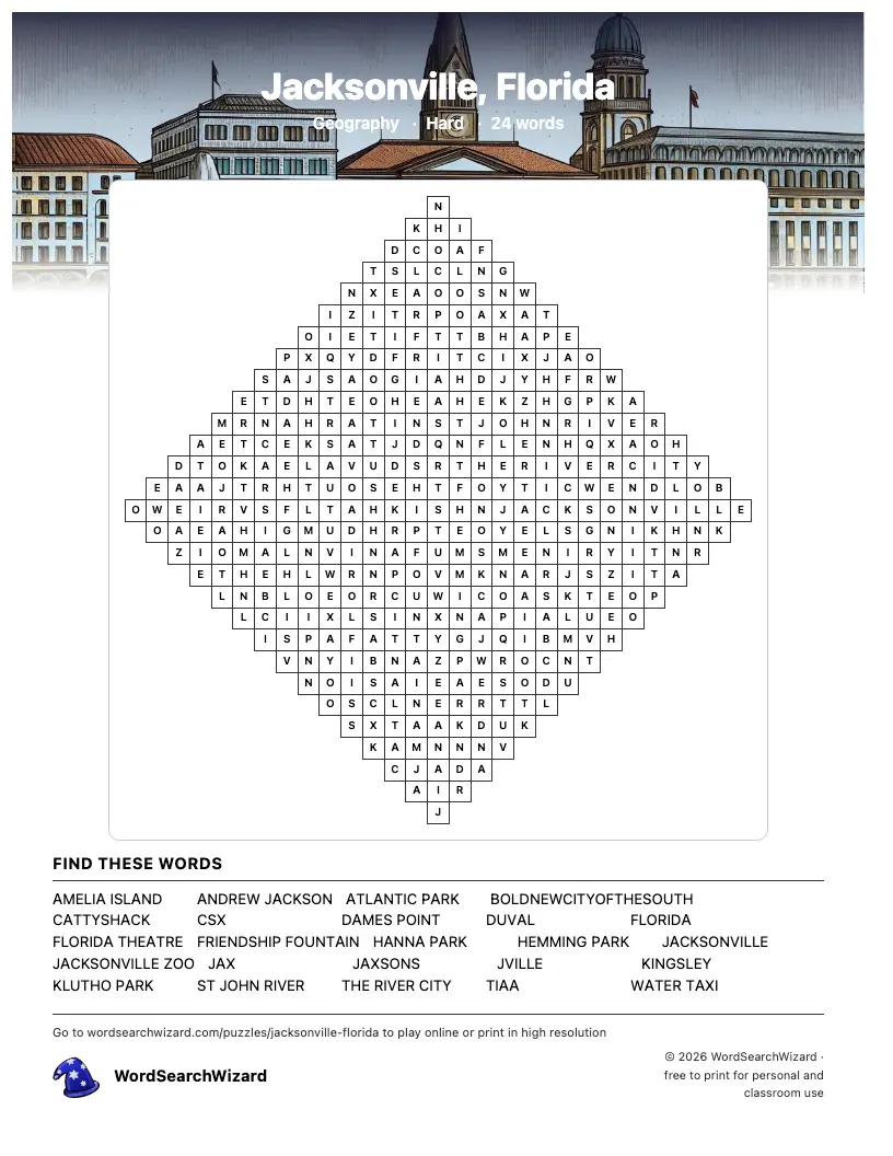Jacksonville, Florida word search printable sheet, 24 words to find
