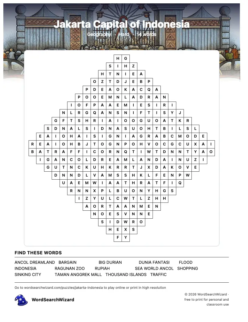 Jakarta Capital of Indonesia word search printable sheet, 14 words to find