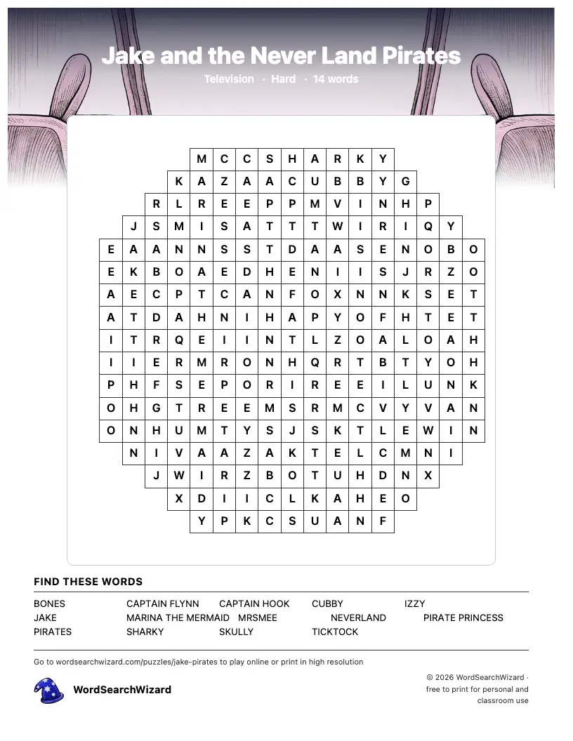 Jake and the Never Land Pirates word search printable sheet, 14 words to find