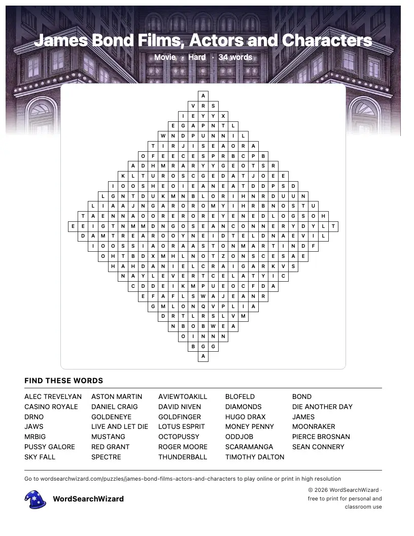 James Bond Films, Actors and Characters word search printable sheet, 34 words to find
