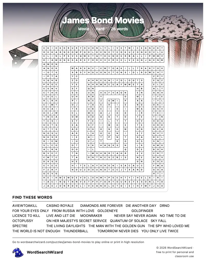James Bond Movies word search printable sheet, 26 words to find