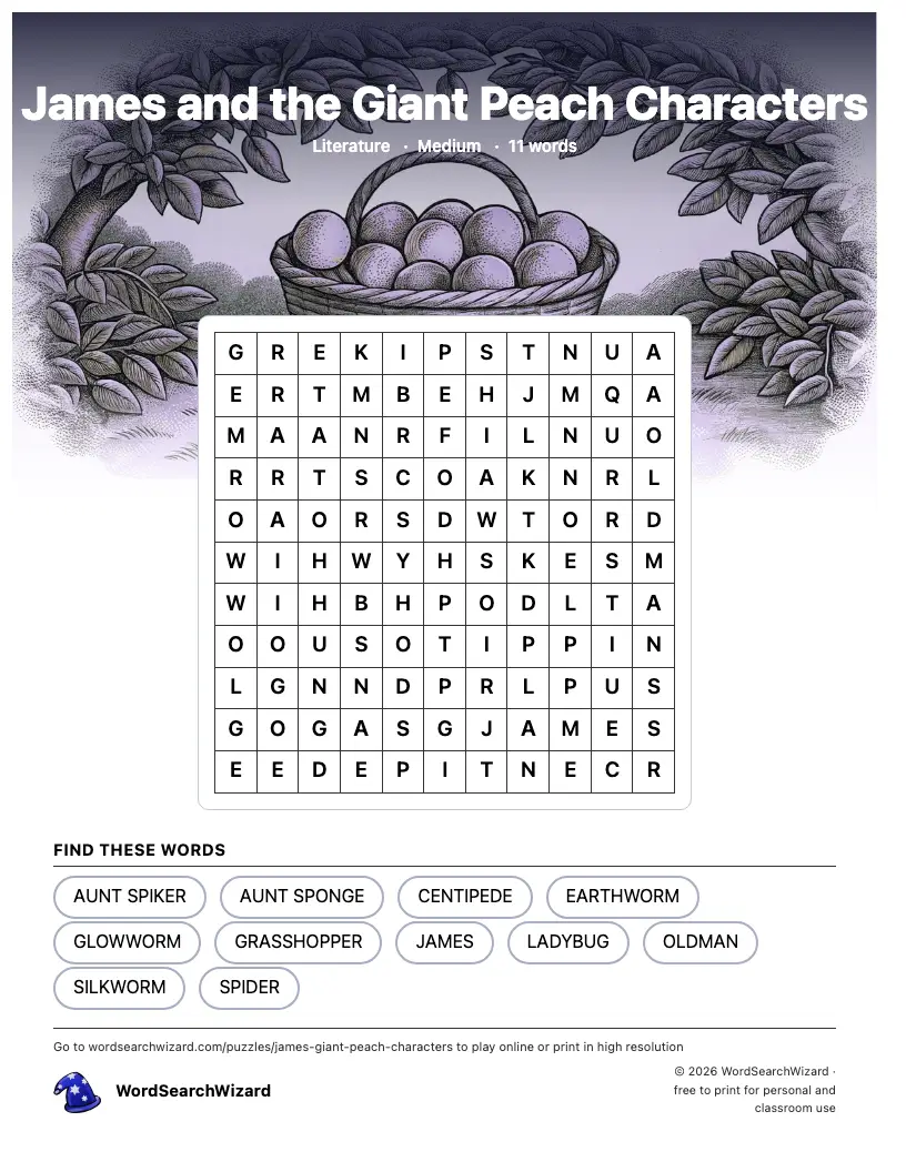 James and the Giant Peach Characters word search printable sheet, 11 words to find