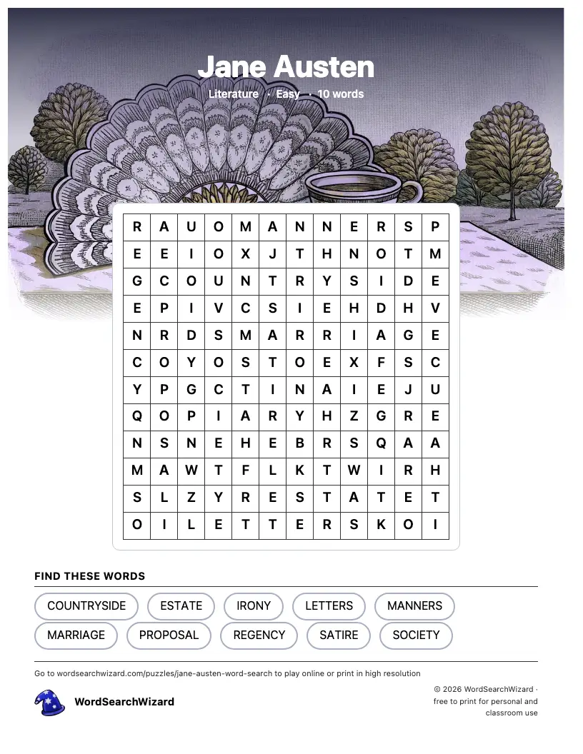 Jane Austen word search printable sheet, 10 words to find