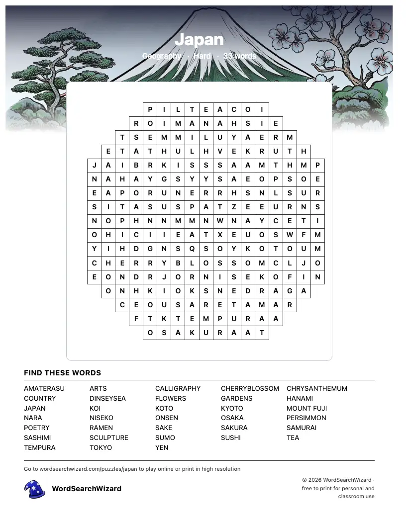 Japan word search printable sheet, 33 words to find
