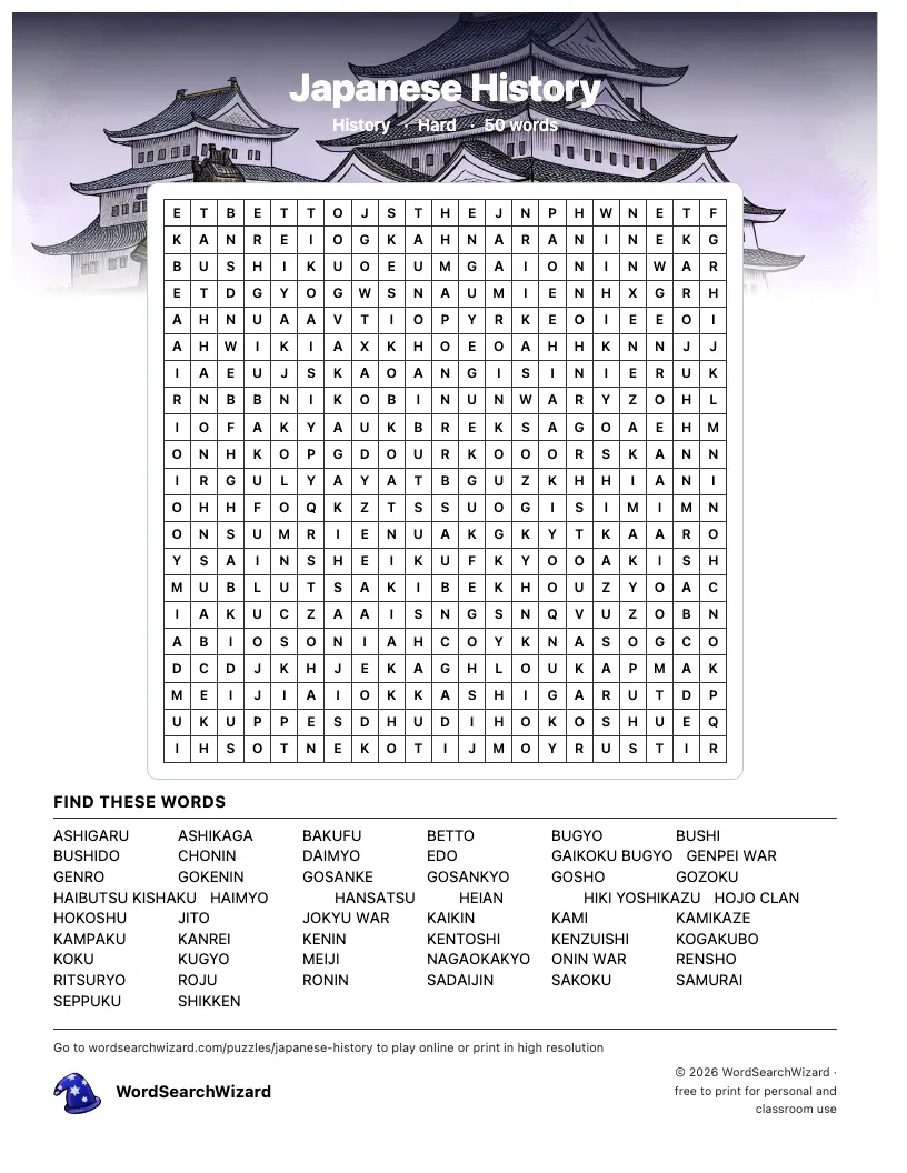 Japanese History word search printable sheet, 50 words to find