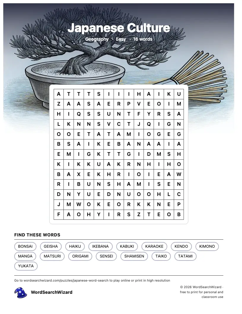 Japanese Culture word search printable sheet, 16 words to find