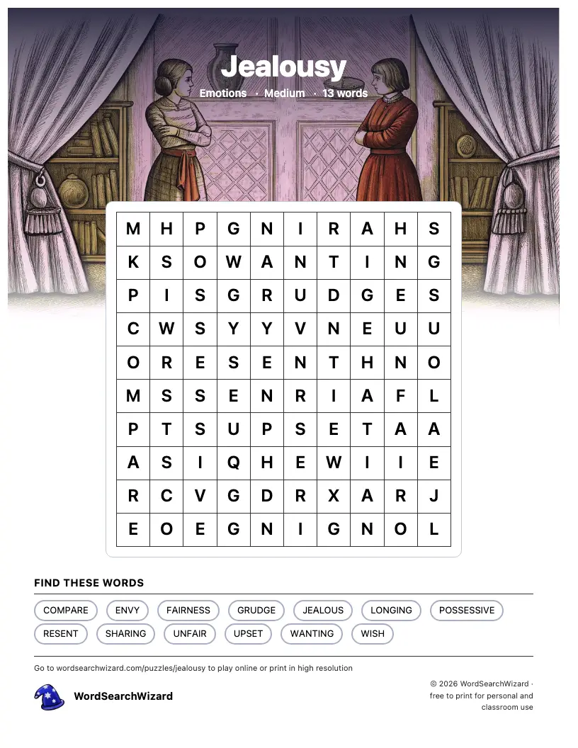 Jealousy word search printable sheet, 13 words to find