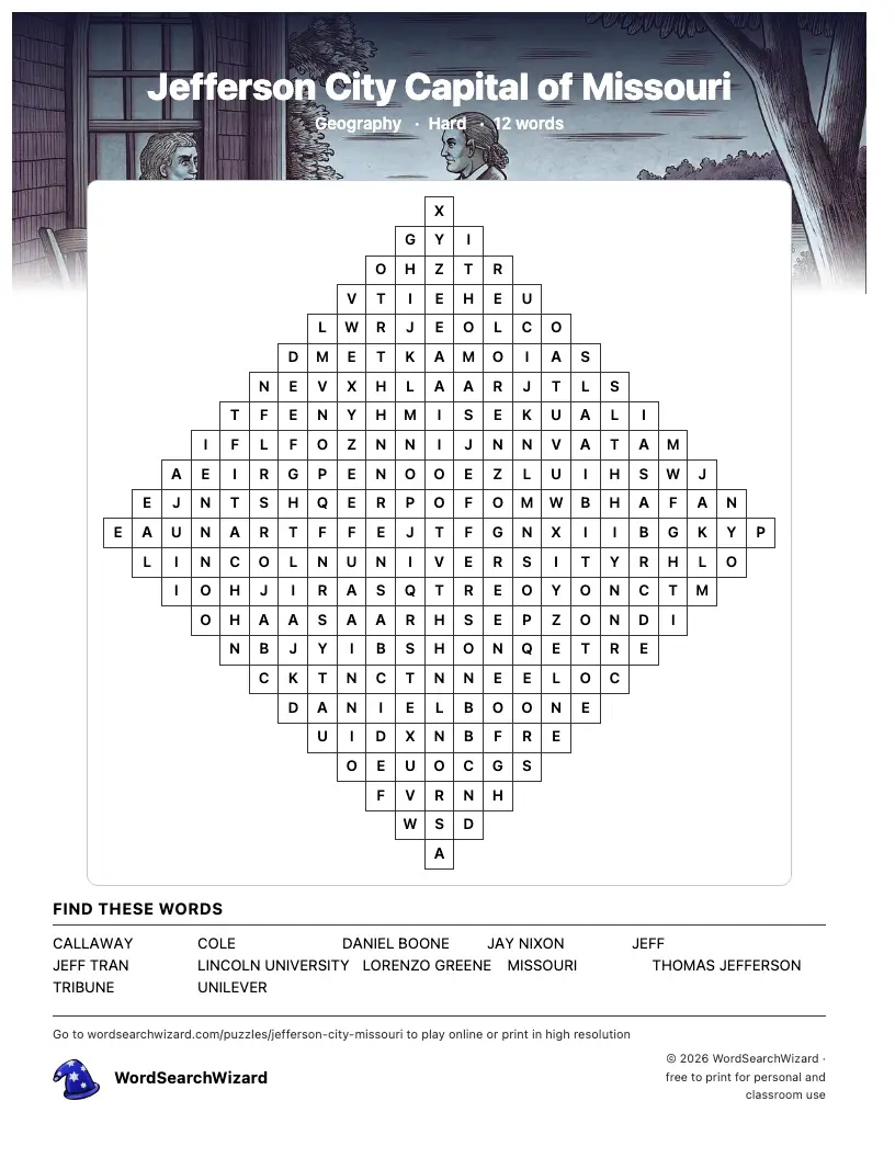 Jefferson City Capital of Missouri word search printable sheet, 12 words to find