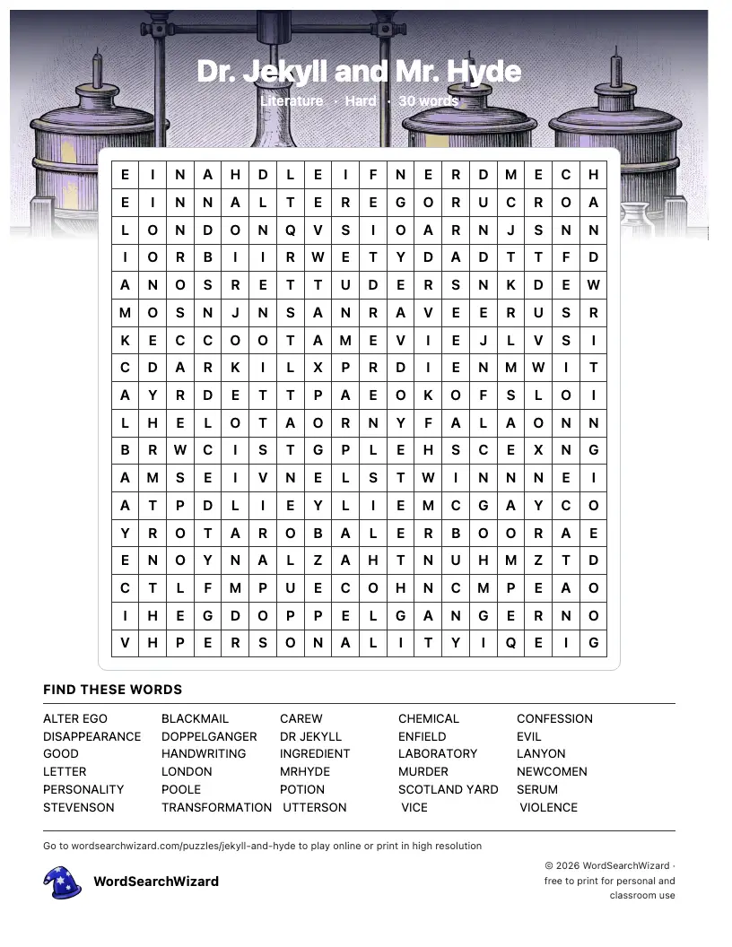 Dr. Jekyll and Mr. Hyde word search printable sheet, 30 words to find