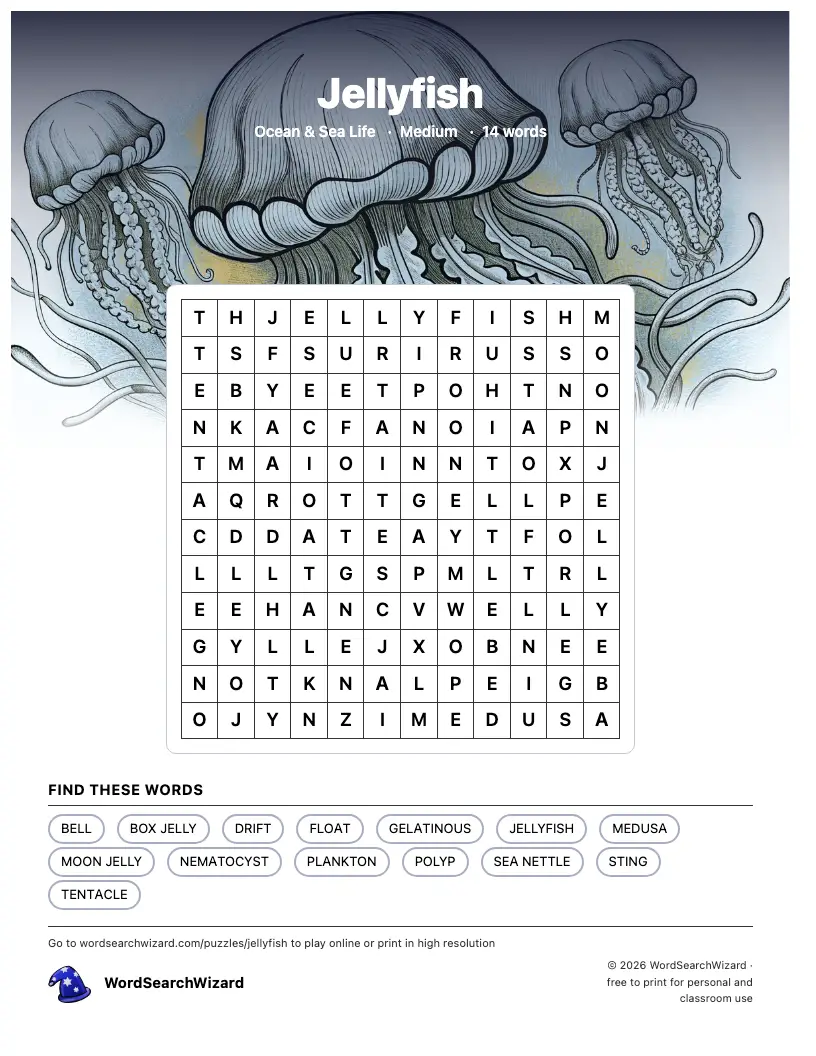Jellyfish word search printable sheet, 14 words to find