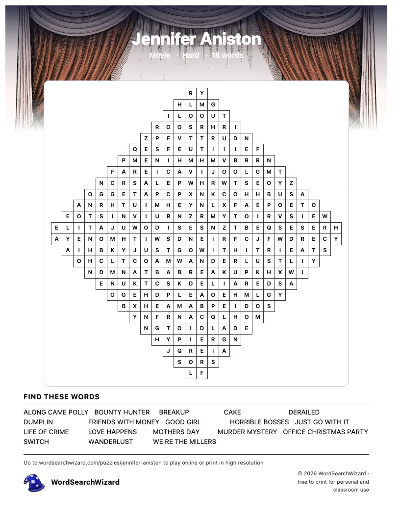 Jennifer Aniston word search printable sheet, 18 words to find
