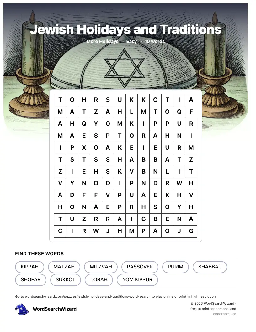 Jewish Holidays and Traditions word search printable sheet, 10 words to find