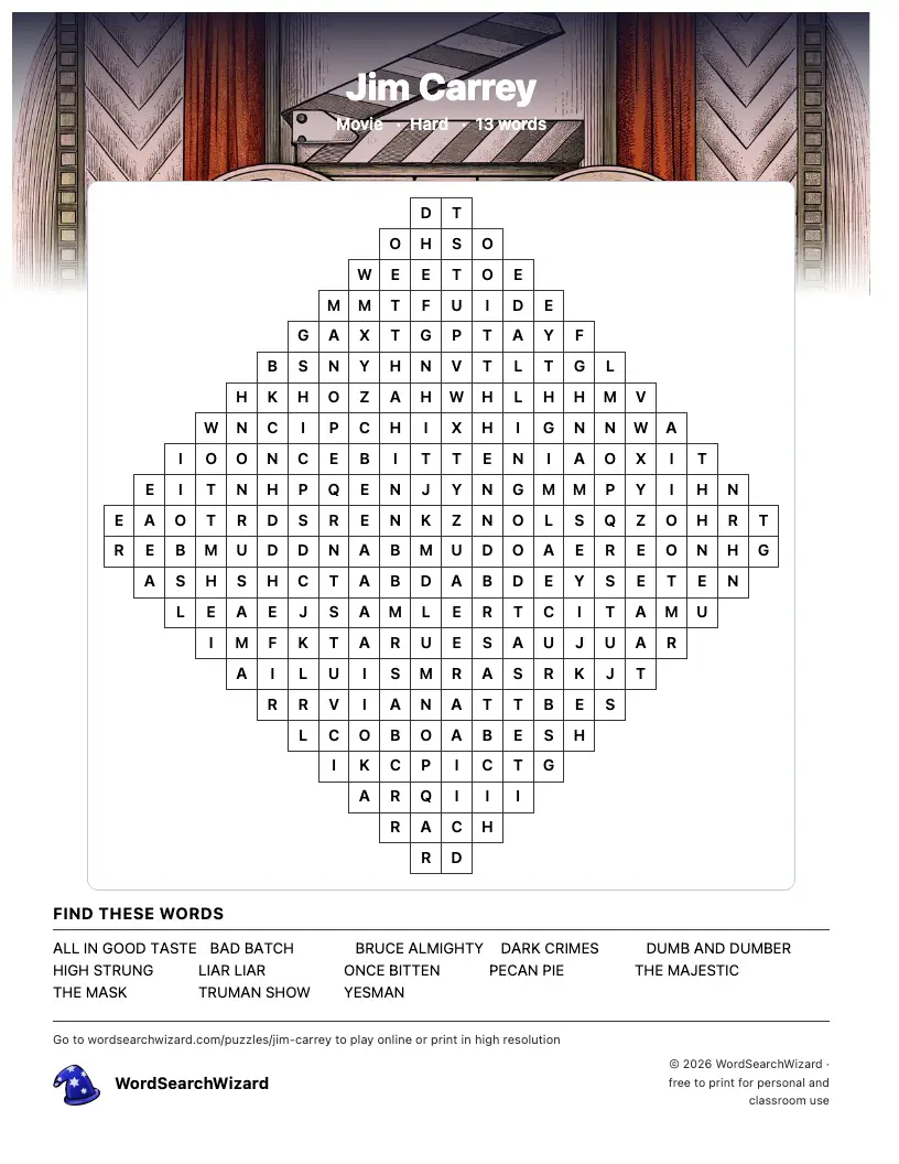 Jim Carrey word search printable sheet, 13 words to find