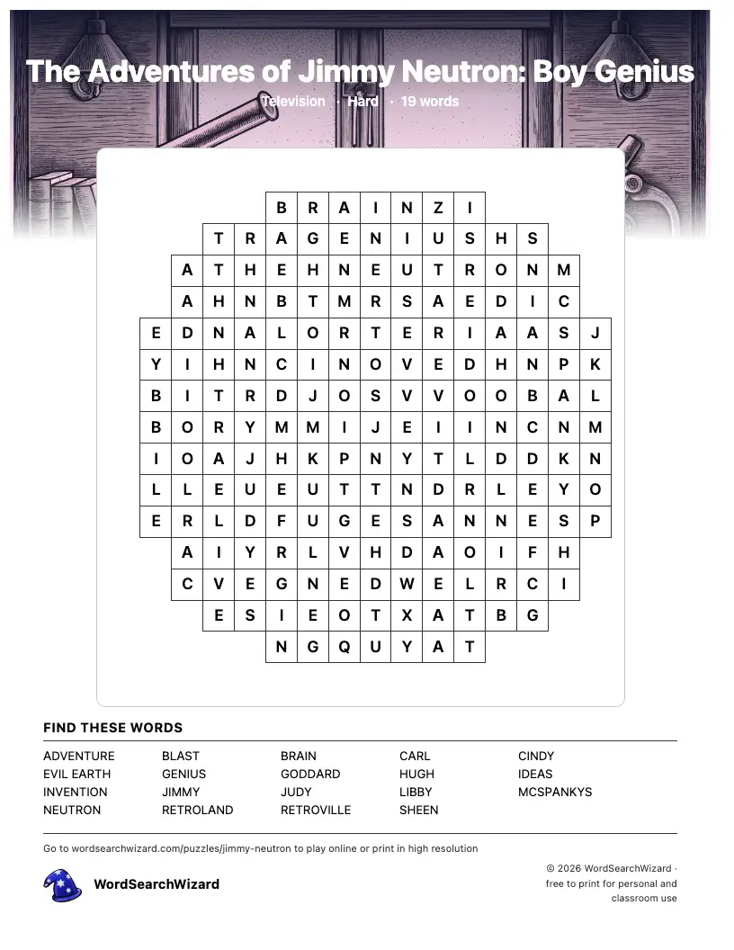 The Adventures of Jimmy Neutron: Boy Genius word search printable sheet, 19 words to find