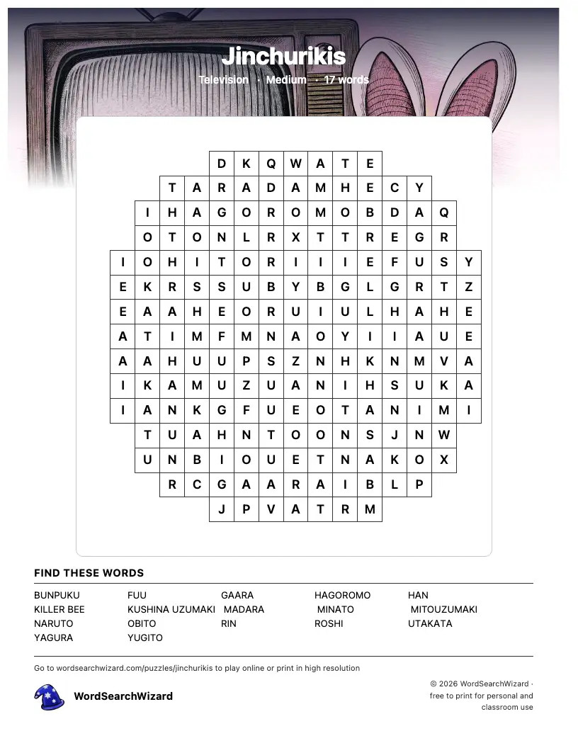 Jinchurikis word search printable sheet, 17 words to find