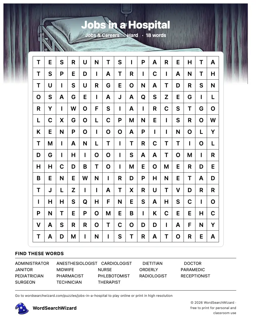 Jobs in a Hospital word search printable sheet, 18 words to find