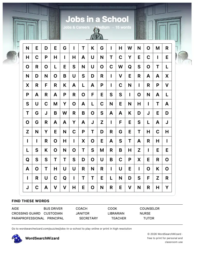 Jobs in a School word search printable sheet, 15 words to find
