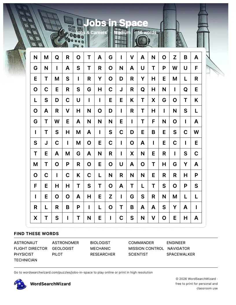 Jobs in Space word search printable sheet, 16 words to find