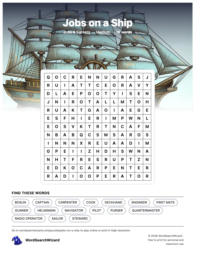 Jobs on a Ship word search printable sheet, 16 words to find