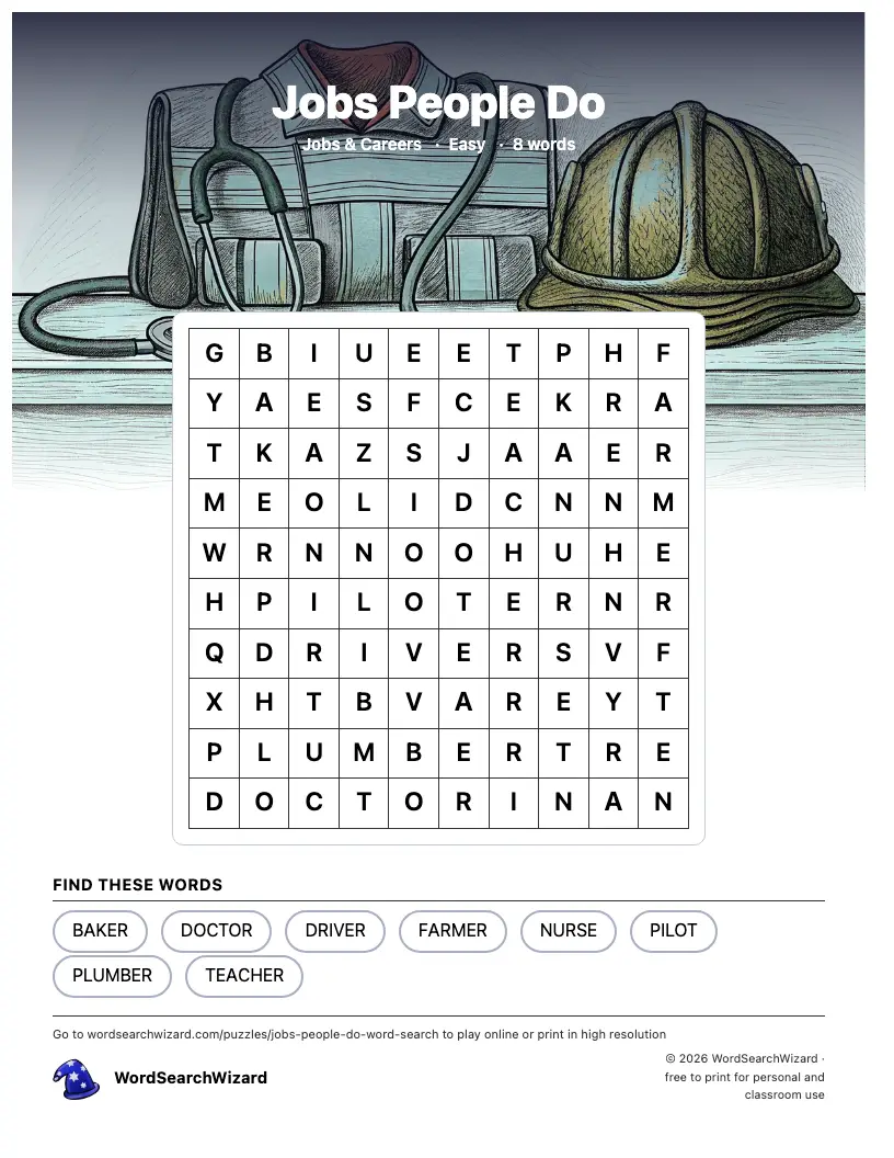 Jobs People Do word search printable sheet, 8 words to find