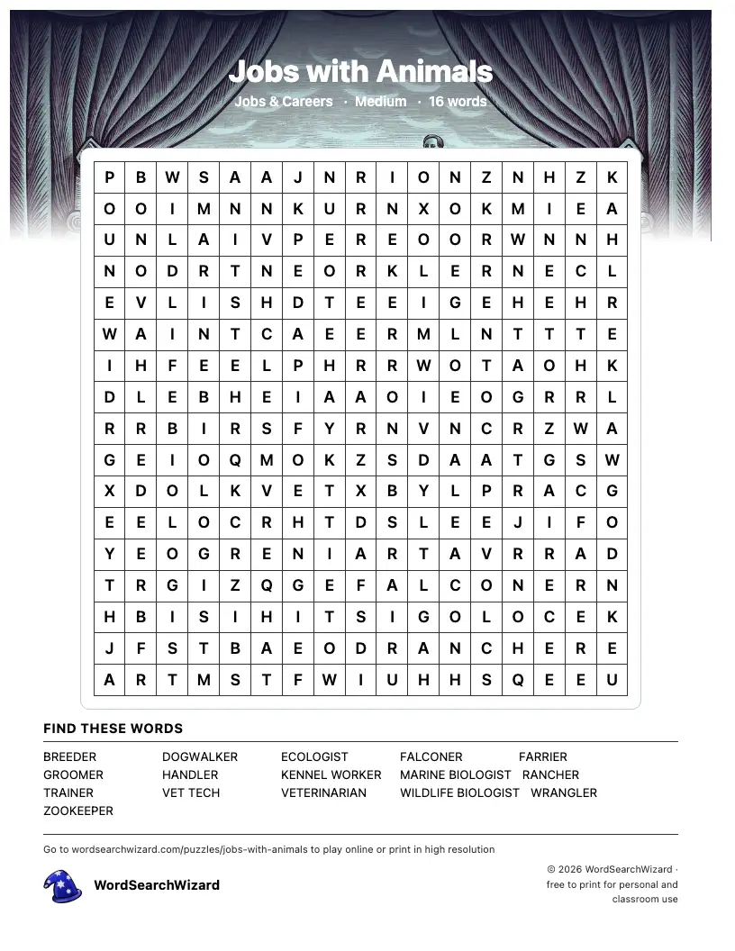 Jobs with Animals word search printable sheet, 16 words to find