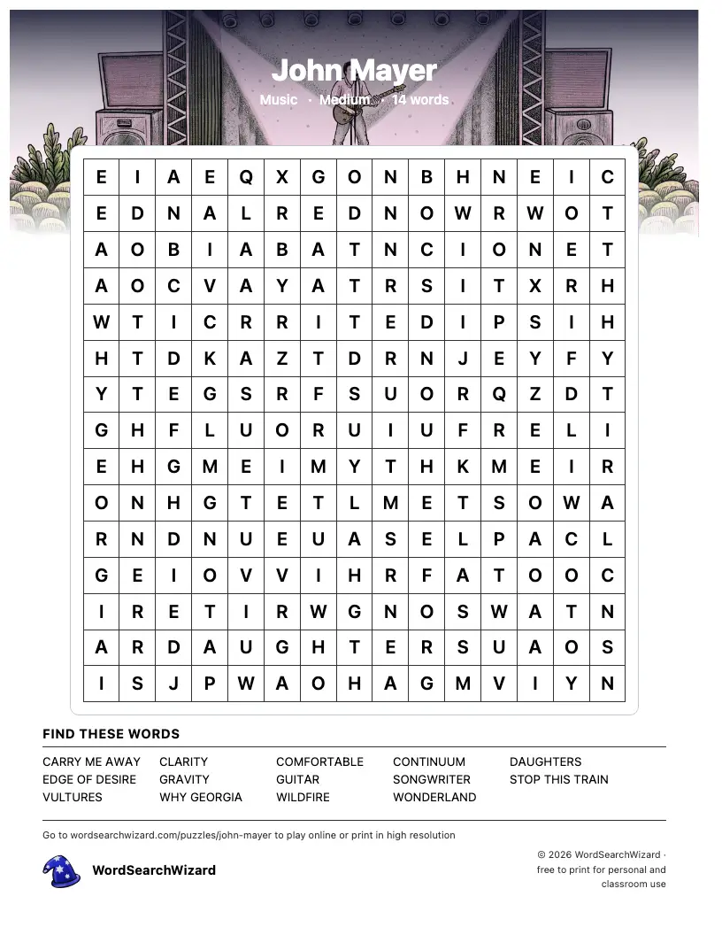 John Mayer word search printable sheet, 14 words to find
