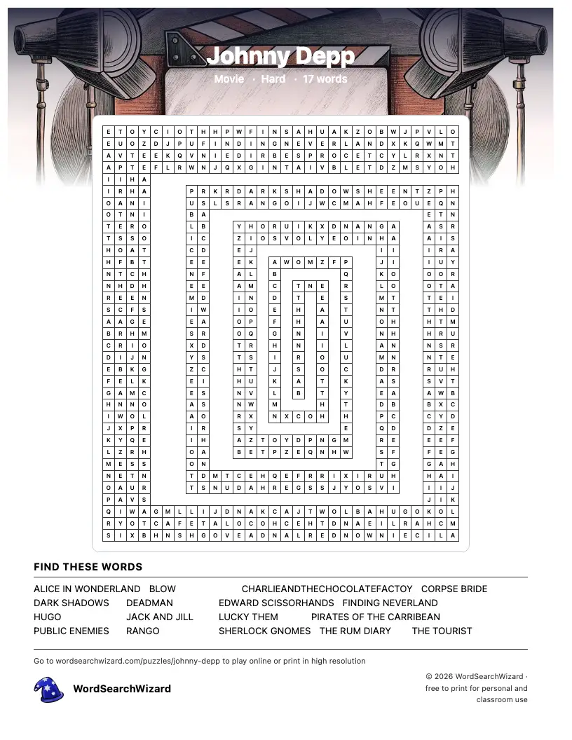Johnny Depp word search printable sheet, 17 words to find