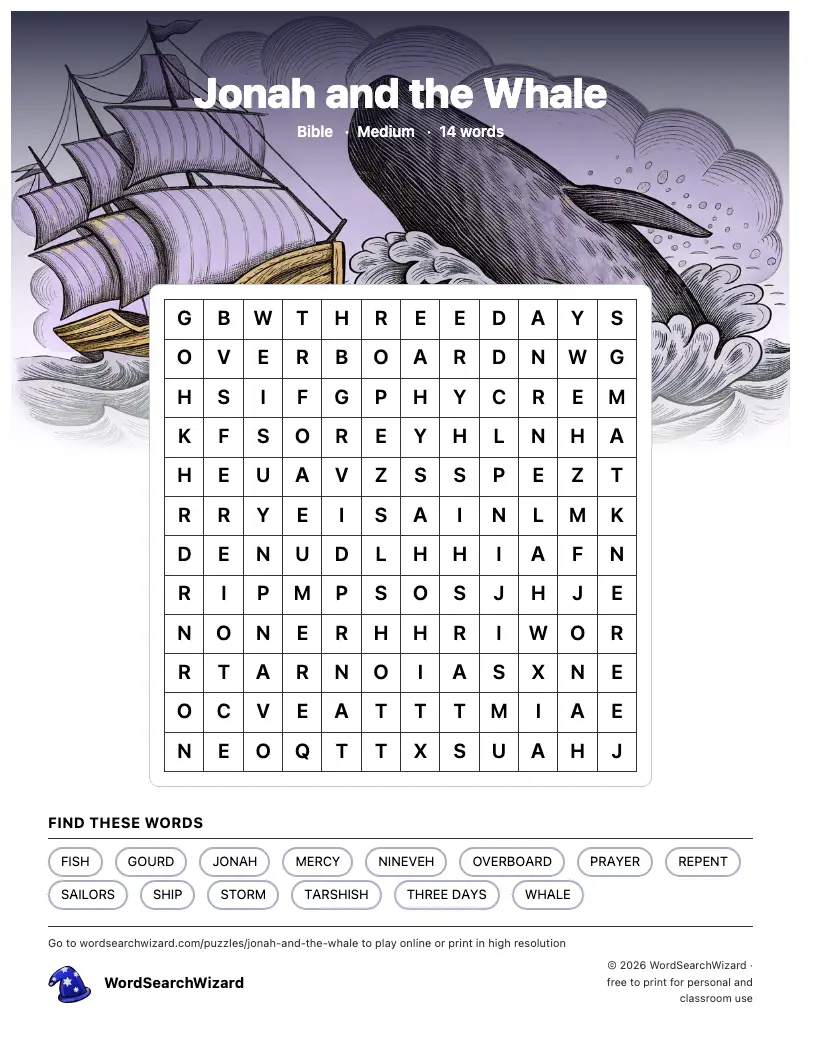 Jonah and the Whale word search printable sheet, 14 words to find