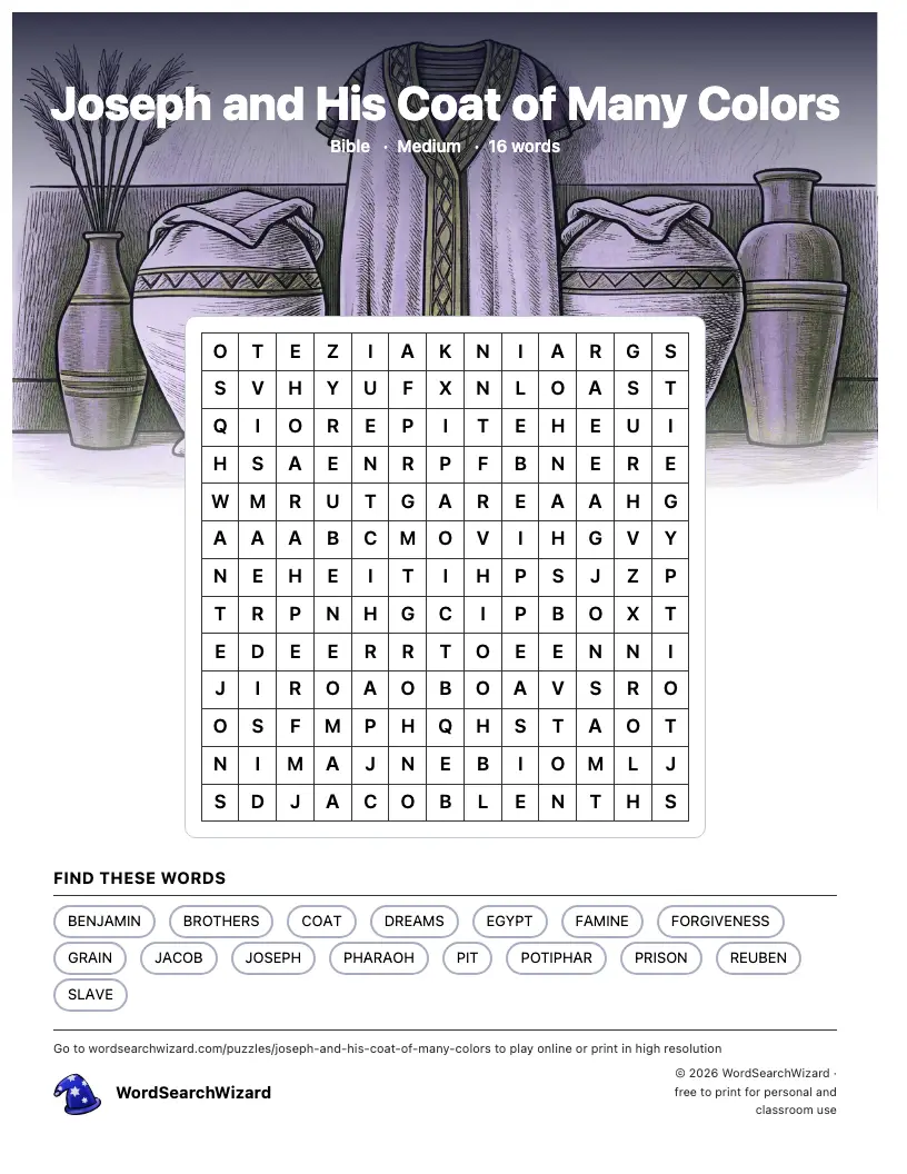 Joseph and His Coat of Many Colors word search printable sheet, 16 words to find