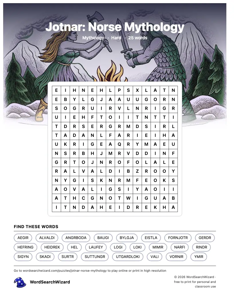 Jotnar: Norse Mythology word search printable sheet, 25 words to find