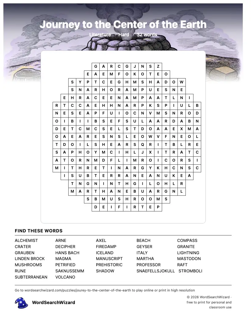 Journey to the Center of the Earth word search printable sheet, 32 words to find