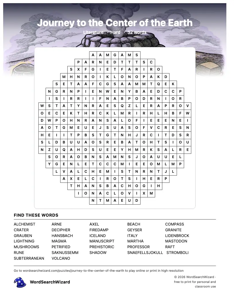 Journey to the Center of the Earth word search printable sheet, 32 words to find