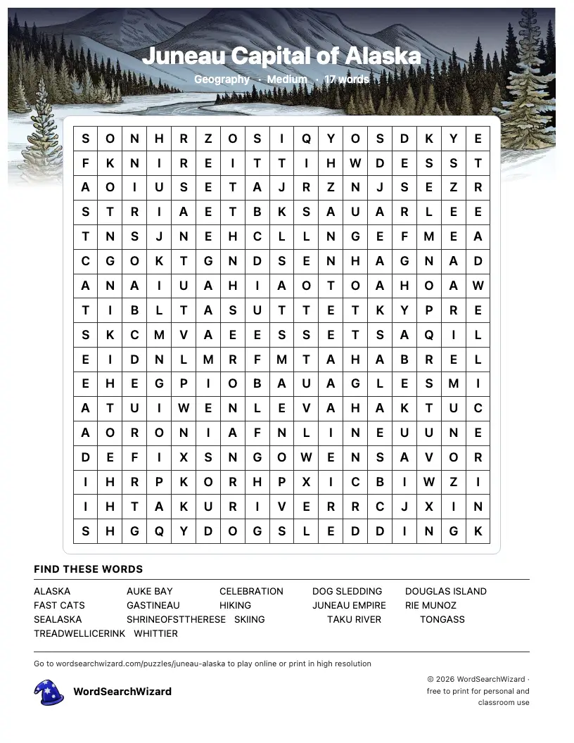 Juneau Capital of Alaska word search printable sheet, 17 words to find