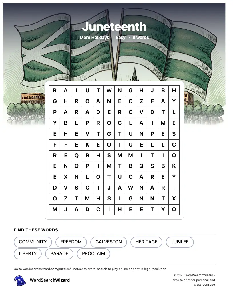 Juneteenth word search printable sheet, 8 words to find