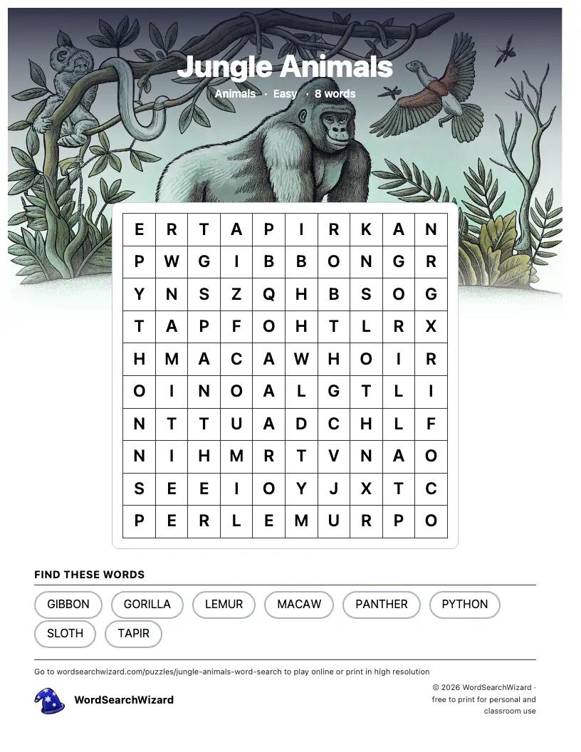 Jungle Animals word search printable sheet, 8 words to find