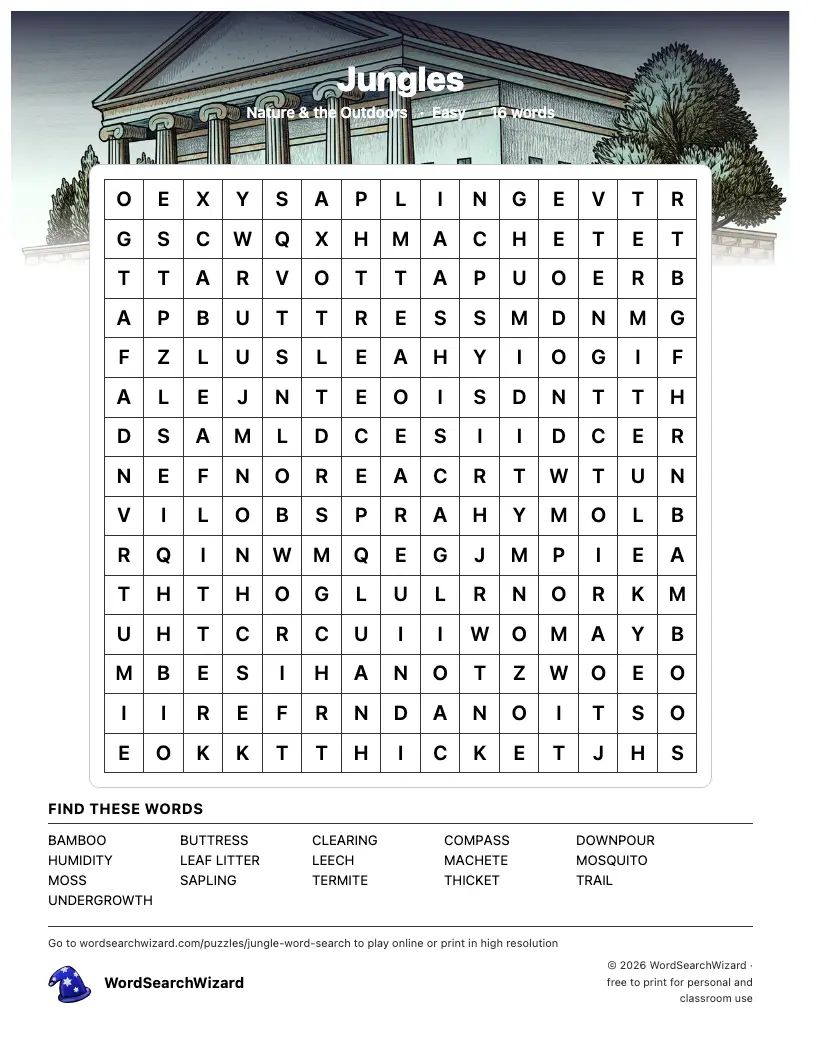 Jungles word search printable sheet, 16 words to find